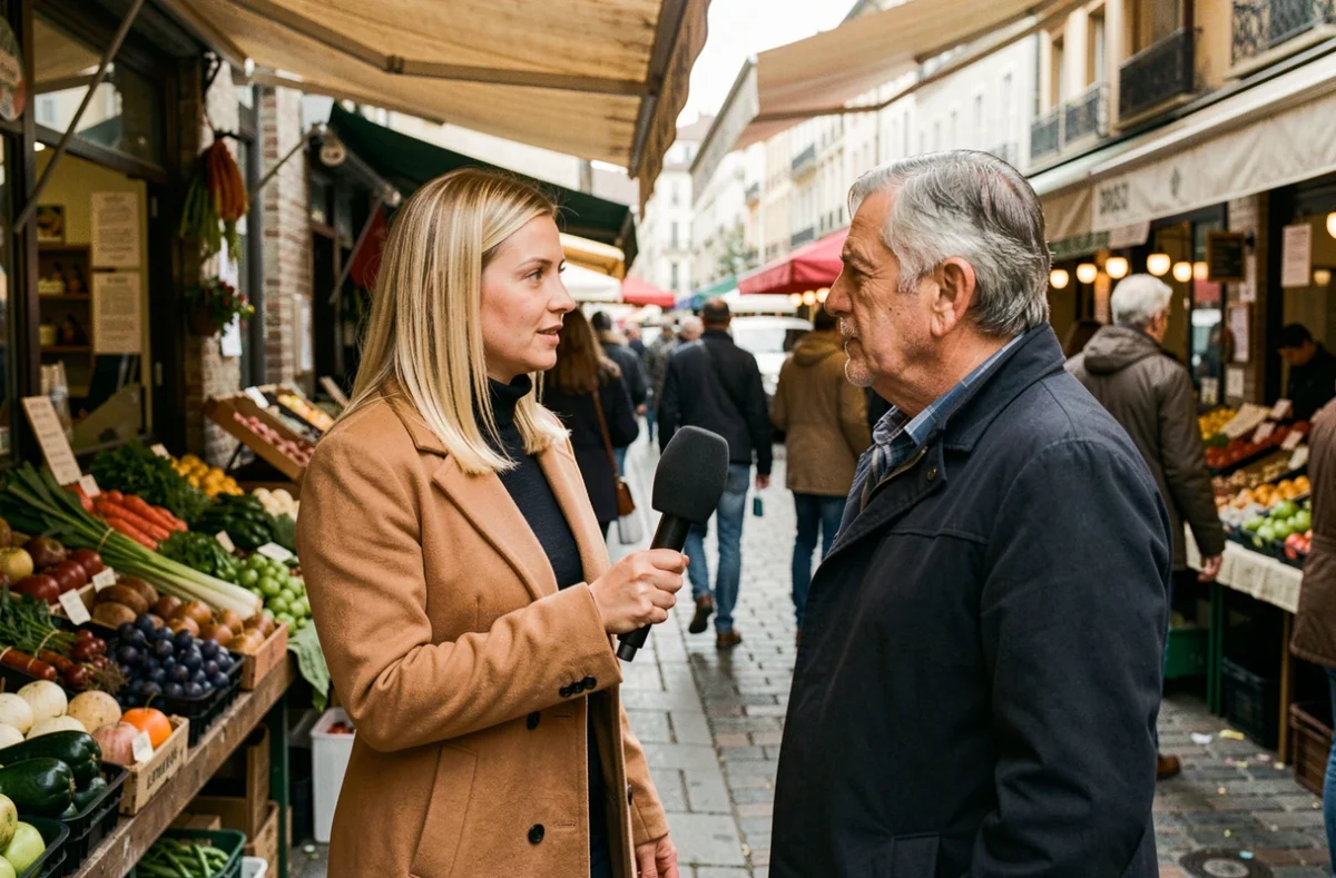 Journaliste française réalisant une interview en direct dans un marché de Lyon, représentant les débuts sur le terrain pour construire une carrière journalistique sans relations
