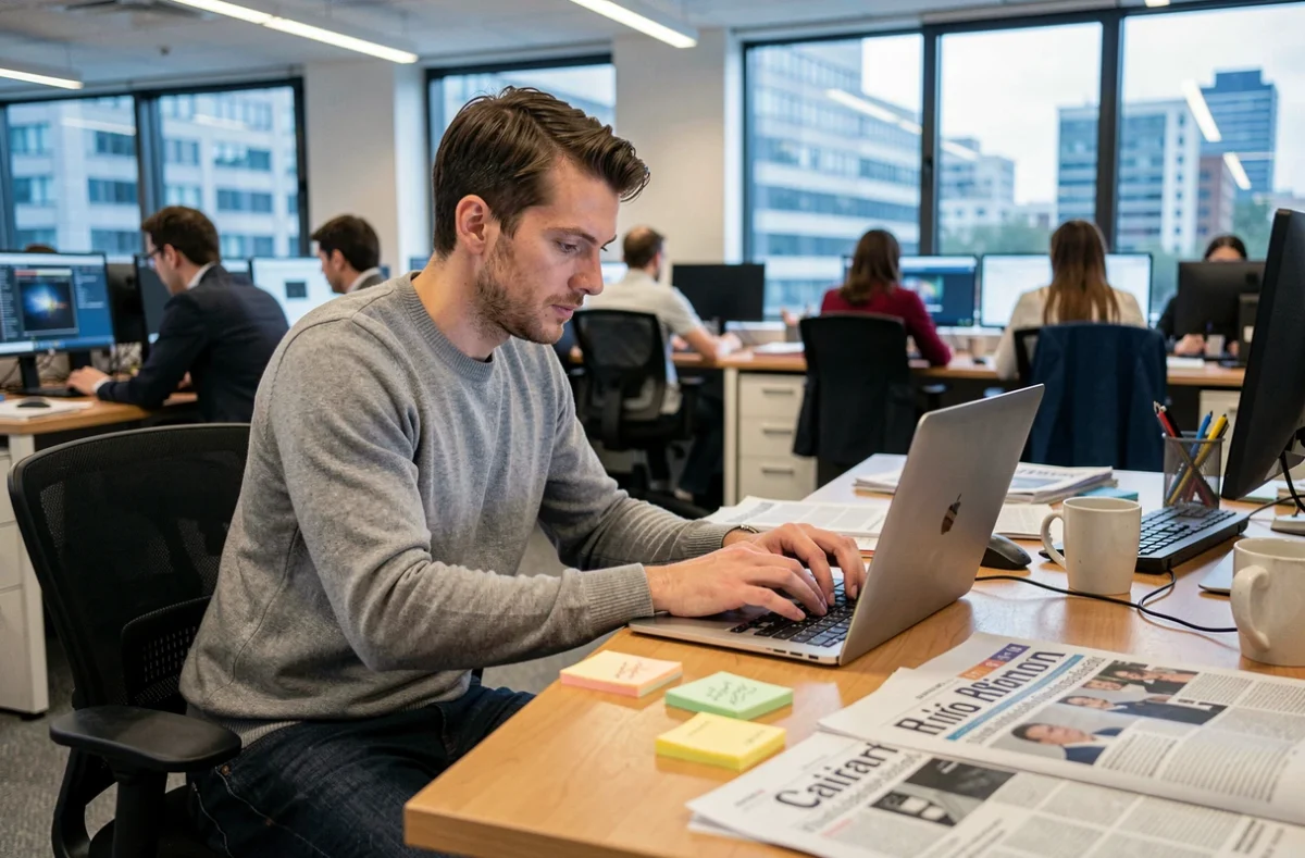 Jeune journaliste homme travaillant dans une rédaction moderne française, symbolisant le travail acharné nécessaire pour percer dans le journalisme