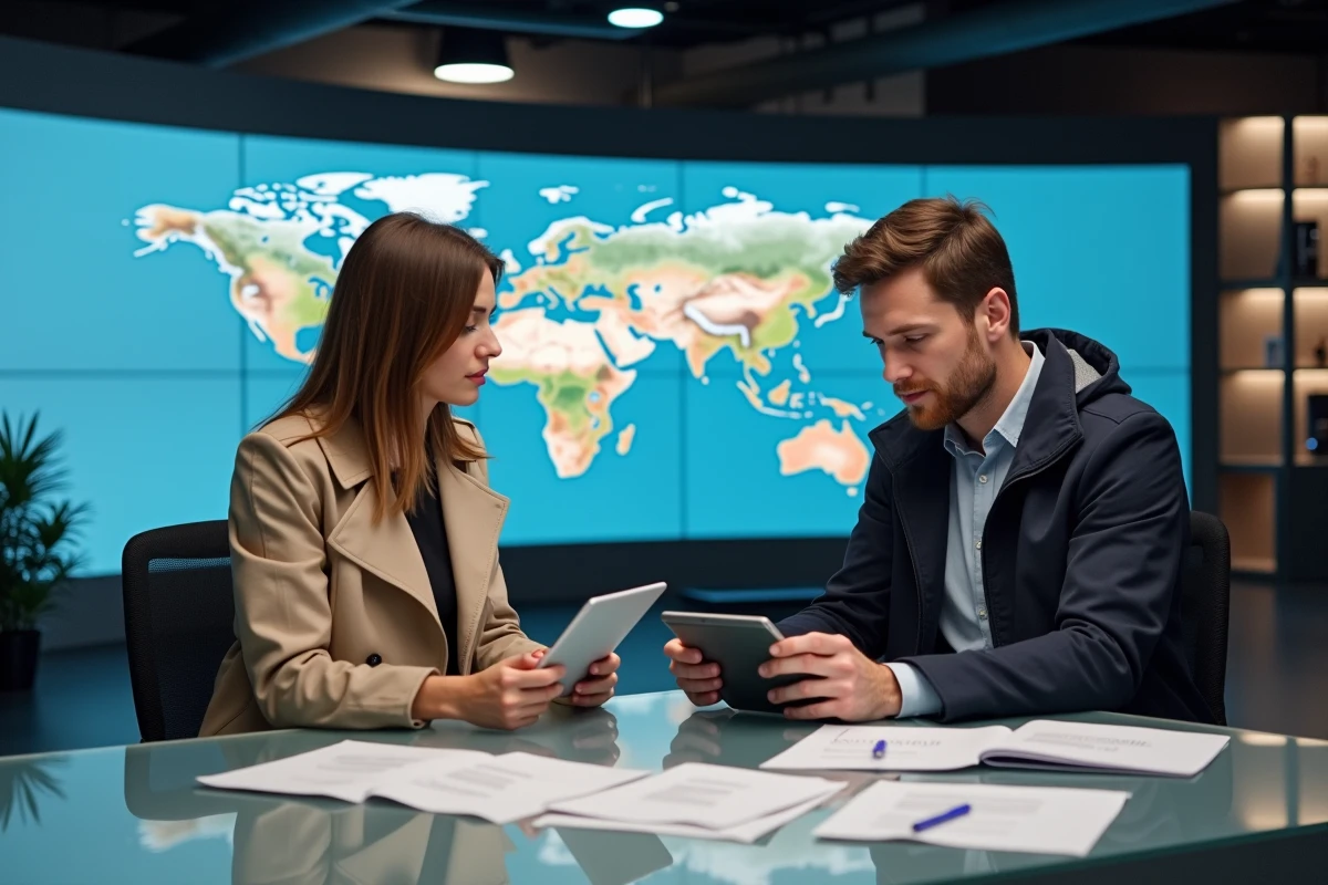 Deux journalistes dans un bureau moderne à Cannes