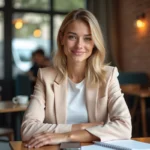 Jeune femme blonde ambitieuse assise dans un café parisien, symbolisant la reconversion professionnelle après la télé-réalité