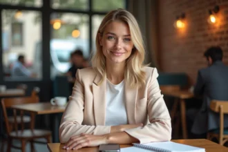 Jeune femme blonde ambitieuse assise dans un café parisien, symbolisant la reconversion professionnelle après la télé-réalité