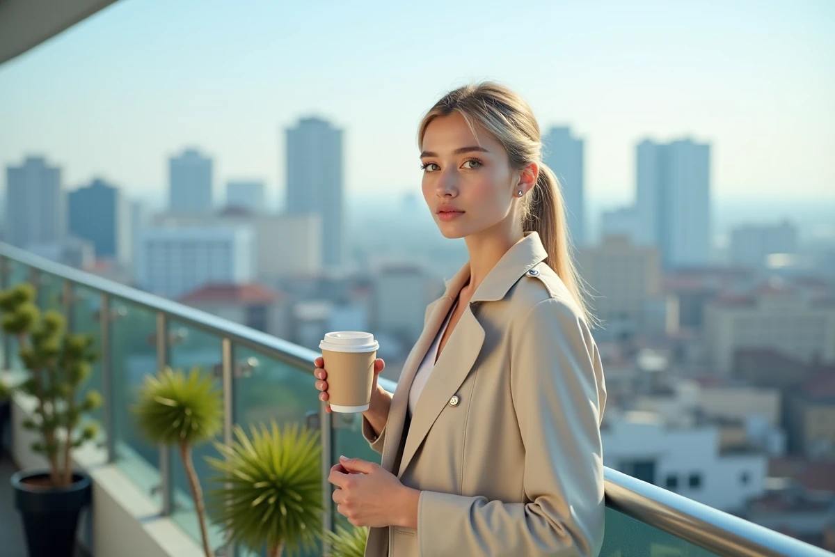 Jeune femme sur un balcon avec vue sur la ville, café à la main, évoquant les ambitions et la reconversion après la télé-réalité Frenchie Shore