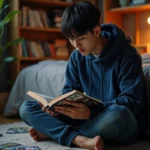 Jeune homme lisant un manga Blue Lock dans sa chambre entourée de volumes japonais