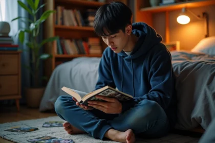 Jeune homme lisant un manga Blue Lock dans sa chambre entourée de volumes japonais