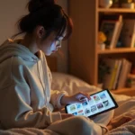 Jeune femme lisant des mangas en ligne sur une tablette dans une chambre décorée de volumes manga