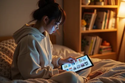 Jeune femme lisant des mangas en ligne sur une tablette dans une chambre décorée de volumes manga