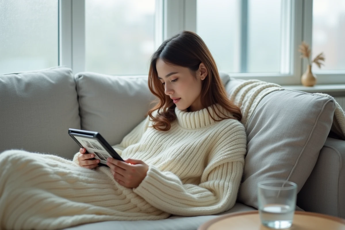 Jeune femme lisant des scans de manga Blue Lock sur tablette installée dans un salon scandinave
