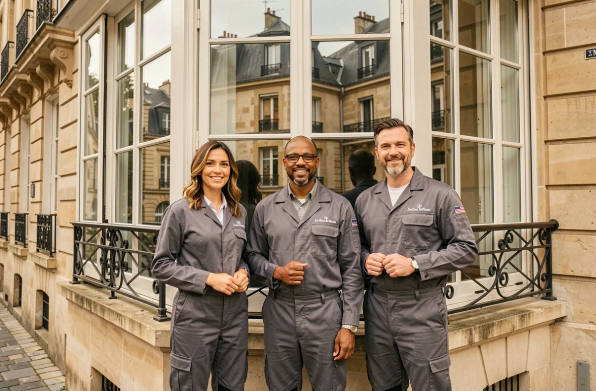 Équipe Les Bons Artisans réseau vitrier posant devant une baie vitrée restaurée à Paris