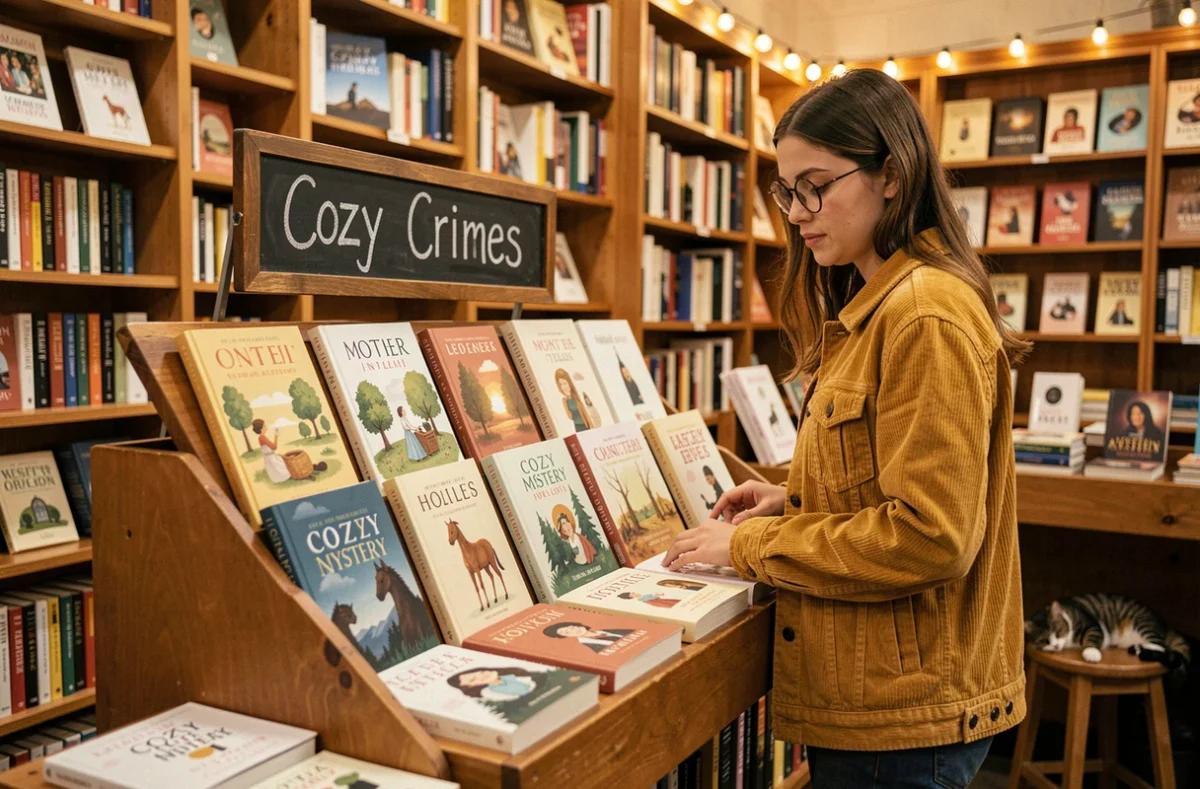 Jeune femme parcourant des romans policiers cozy dans une librairie indépendante avec un panneau craie et une ambiance chaleureuse