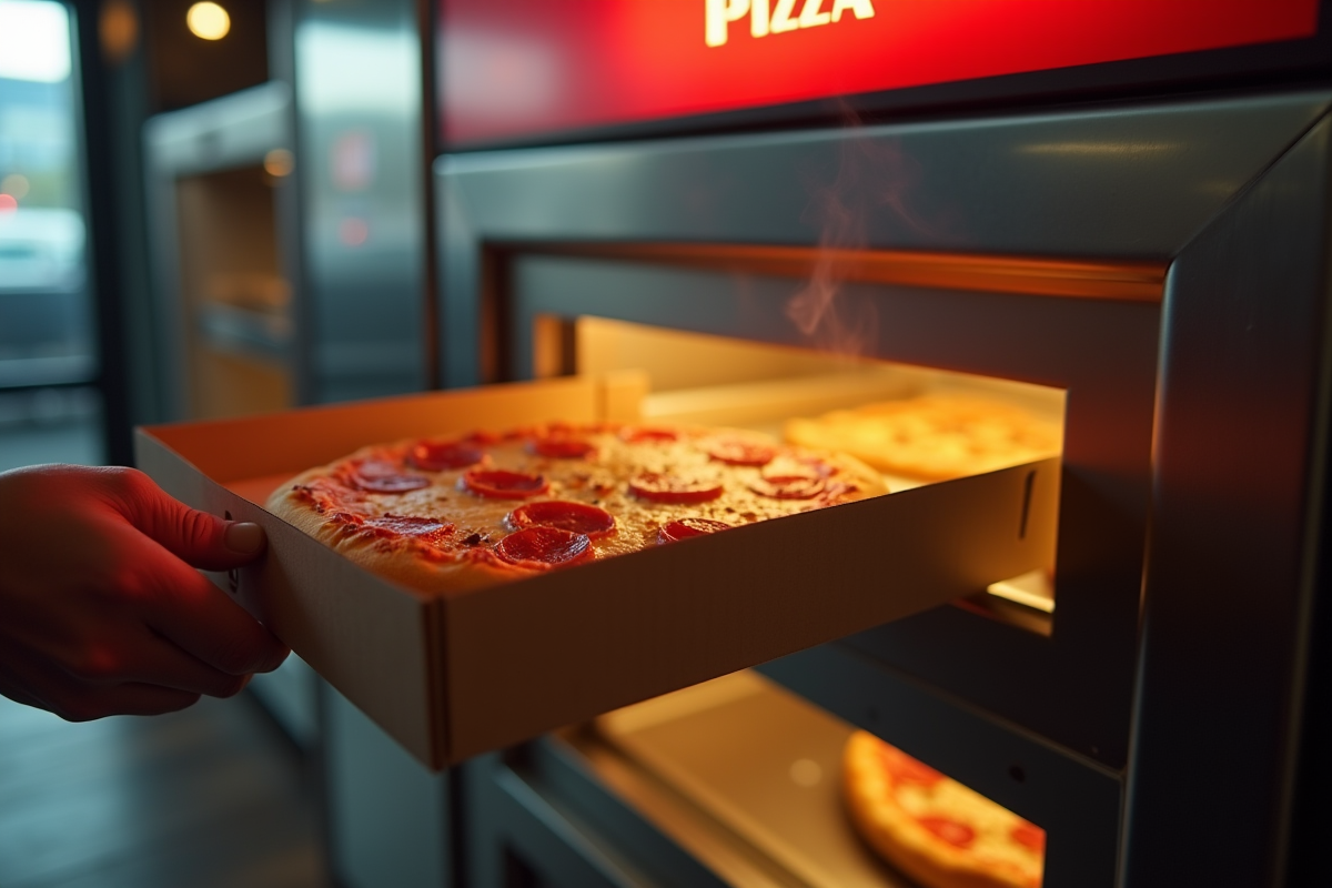 Main sortant une pizza de la machine à pizza