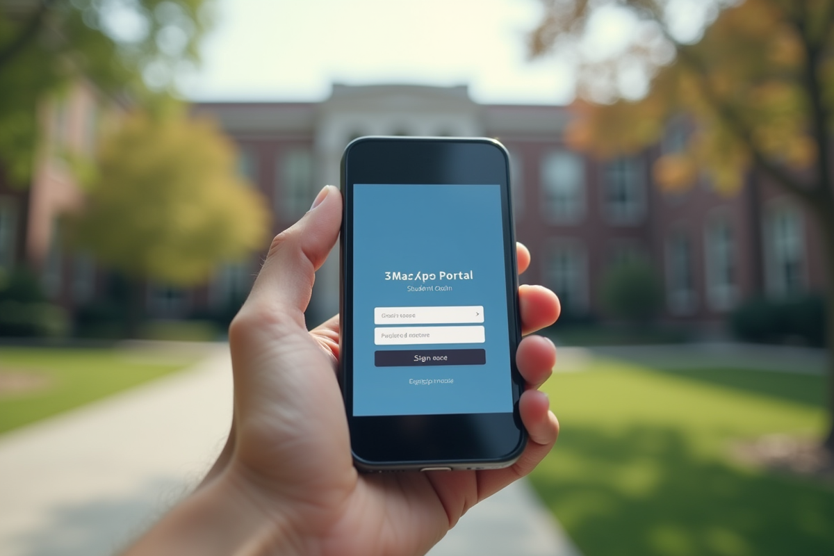 Main tenant un smartphone affichant le portail étudiant