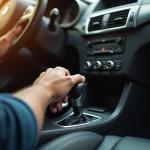 Main de conducteur sur levier automatique dans voiture lumineuse