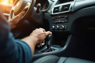 Main de conducteur sur levier automatique dans voiture lumineuse