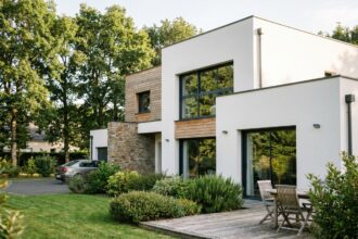 Maison individuelle moderne en périphérie de Rennes avec jardin verdoyant et terrasse en bois
