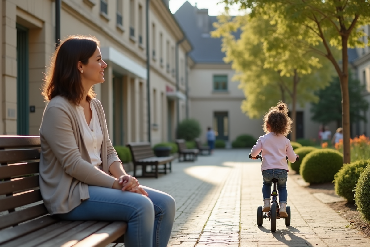Maman assise dans un square avec sa fille en vélo