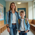 Femme et enfant souriant dans le couloir de l'école