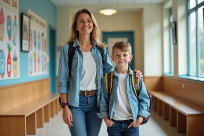 Femme et enfant souriant dans le couloir de l'école