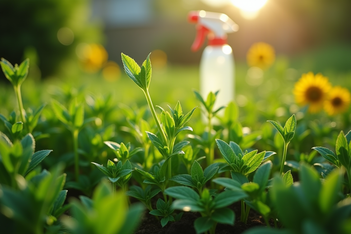 Gros plan sur des mauvaises herbes dans un jardin avec pulvérisateur en arrière-plan