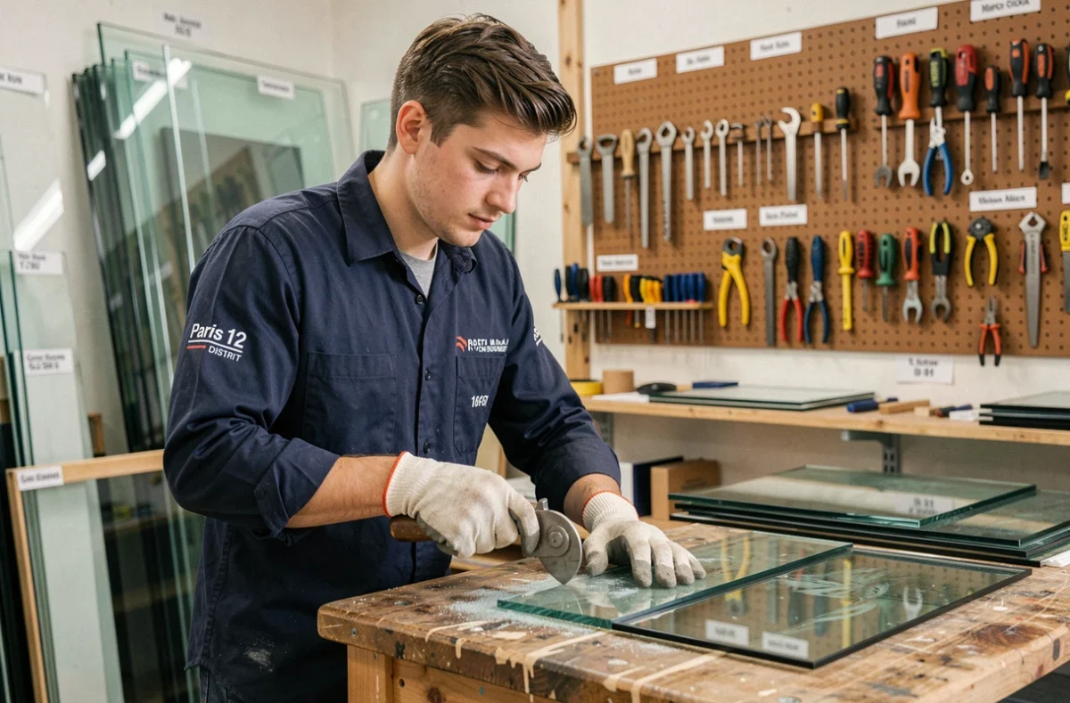 Maxime Artisan vitrier du 12e arrondissement découpant du verre dans son atelier parisien