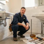 Plombier professionnel travaillant dans une salle de bain moderne à Boulogne-Billancourt