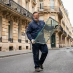 Vitrier professionnel transportant une vitre dans une rue parisienne haussmannienne