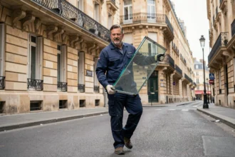 Vitrier professionnel transportant une vitre dans une rue parisienne haussmannienne