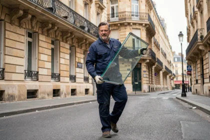 Vitrier professionnel transportant une vitre dans une rue parisienne haussmannienne