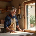 Menuisier examine un cadre en bois dans un atelier provençal