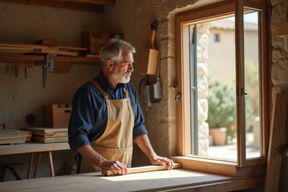 Menuisier examine un cadre en bois dans un atelier provençal