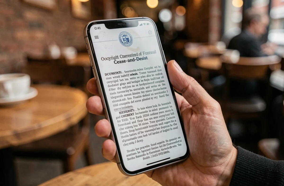 Smartphone affichant une mise en demeure pour violation de droits d'auteur tenu dans une main dans un café