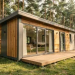 Mobil-home élégant avec bardage bois et grandes baies vitrées entouré de pins dans un camping verdoyant