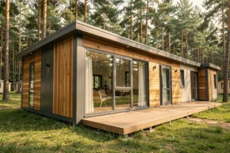 Mobil-home élégant avec bardage bois et grandes baies vitrées entouré de pins dans un camping verdoyant