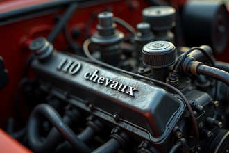 Moteur de voiture vintage avec plaque 110 chevaux en gros plan