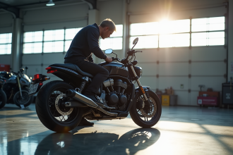 Moto dans un garage lumineux avec mécanicien au diagnostic