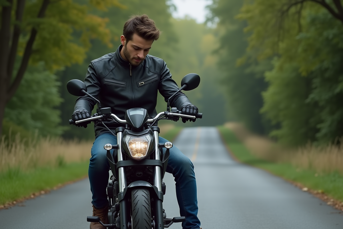 Jeune homme sur une moto Avengers 125 en campagne