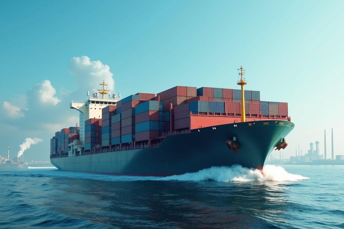 Grand cargo charge de containers dans eaux polluees