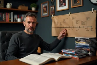 Cinéphile analysant l'ordre chronologique des films Batman et du Joker sur un mur de notes dans une salle de cinéma privée