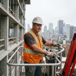 Ouvrier de construction en veston orange et casque blanc sur plateforme