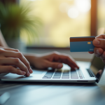 Main tapant sur un ordinateur portable avec carte bancaire