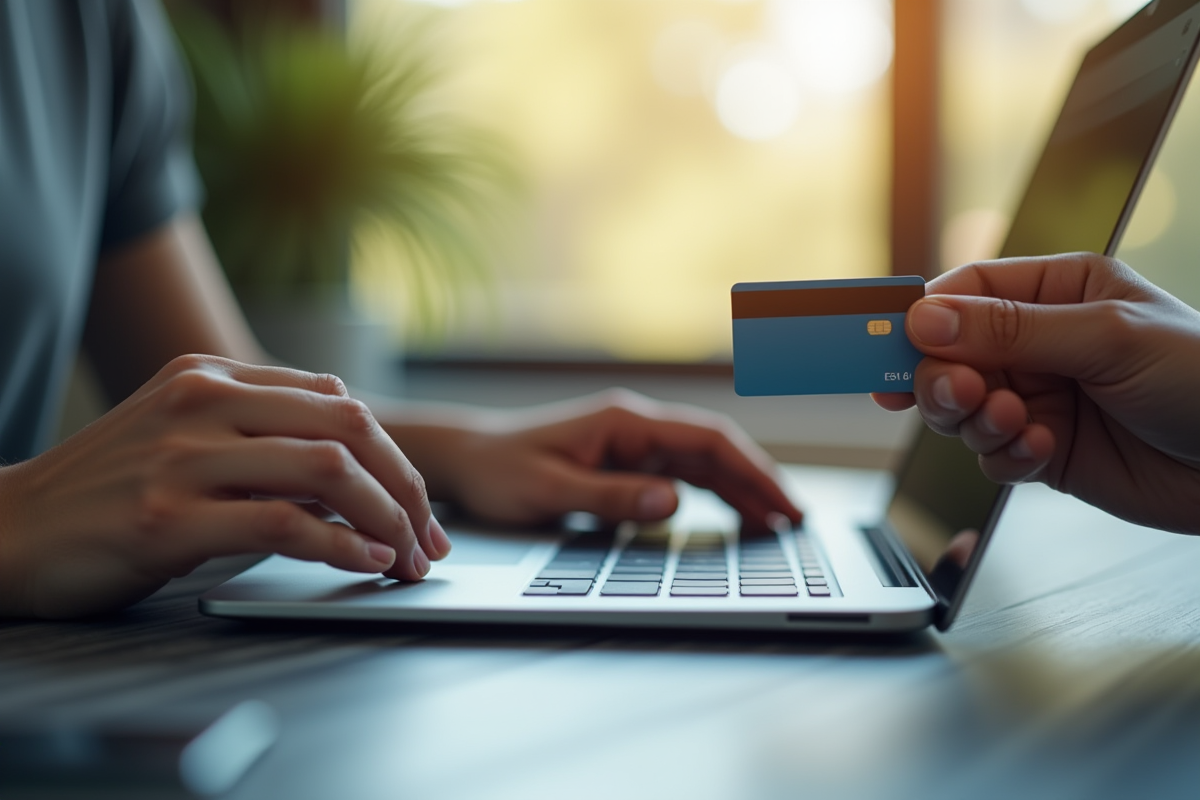 Main tapant sur un ordinateur portable avec carte bancaire