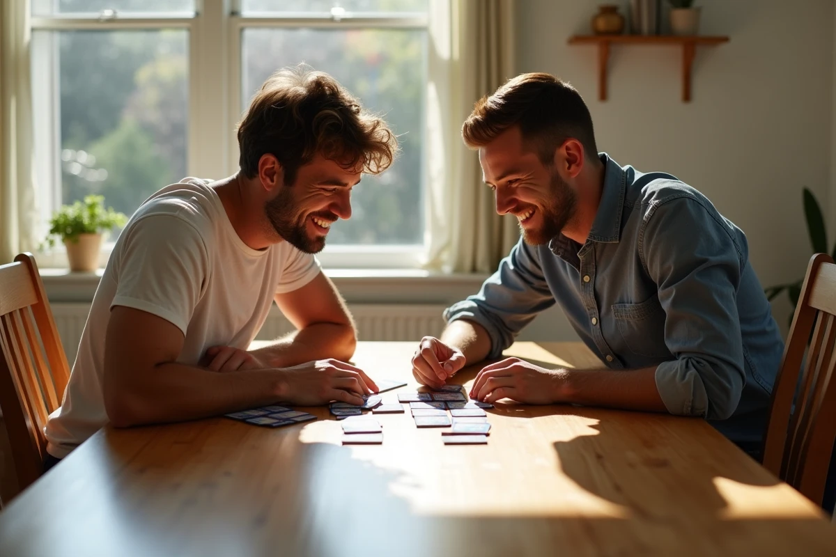Père et fils jouant à un jeu de société à table en famille