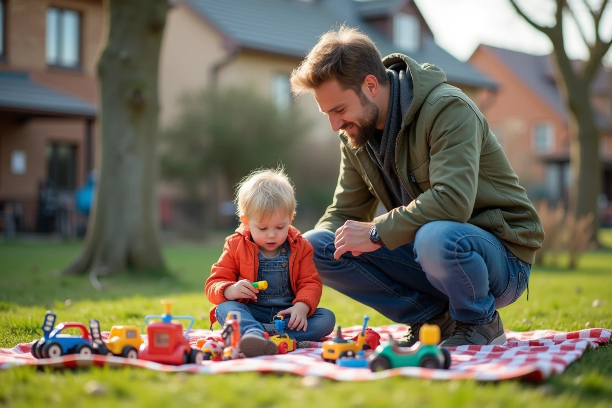 Père et fils examinant des jouets anciens dans un vide grenier en plein air