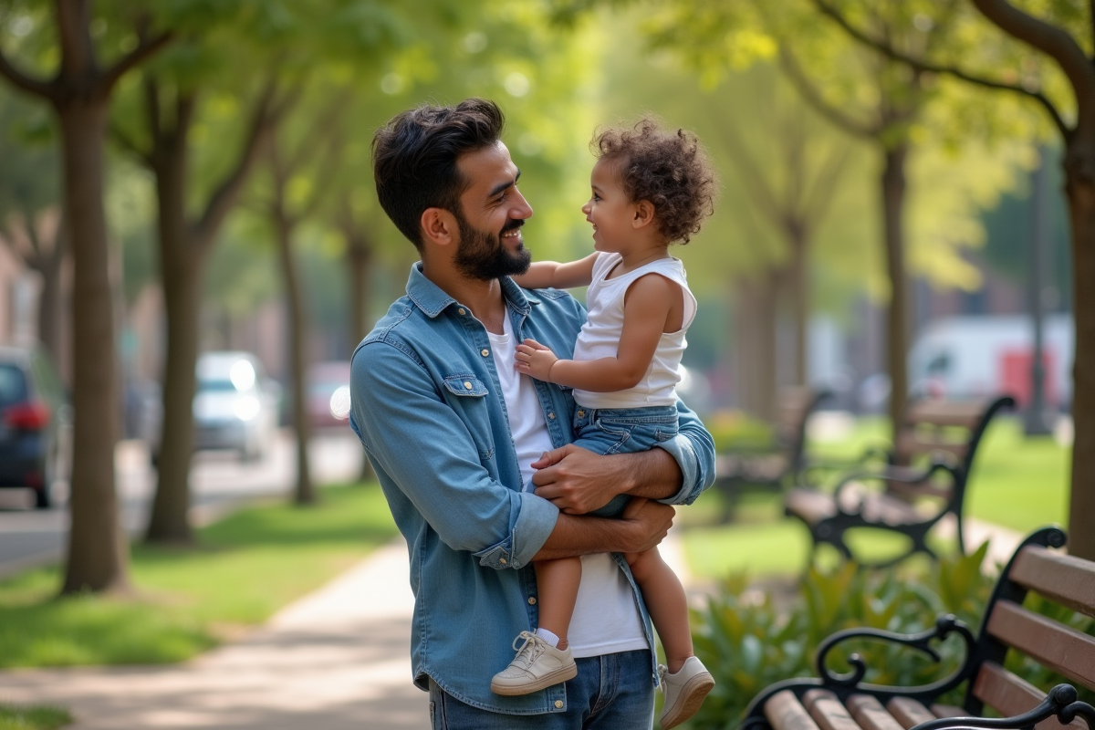 Père marocain avec sa fille dans un parc urbain