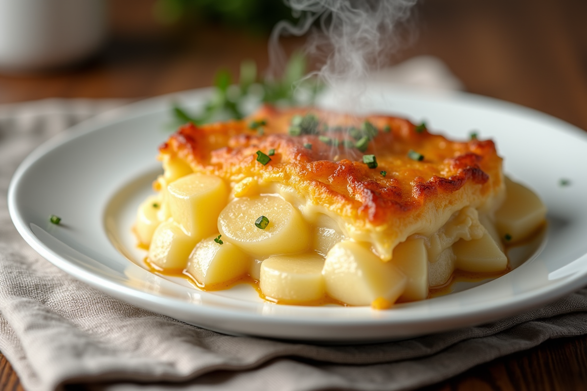 Partage de gratin dauphinois chaud sur une assiette blanche