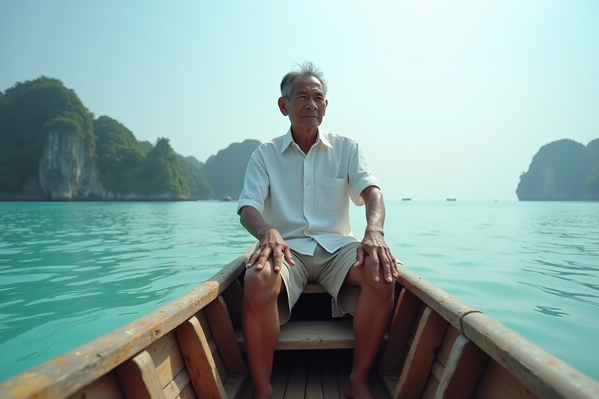 Fisherman local dans un bateau traditionnel sur une mer calme