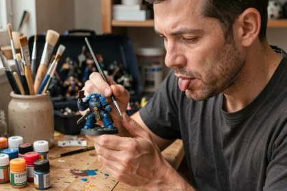 Peintre de figurines Warhammer appliquant une contrast paint Citadel sur un Space Marine en gros plan
