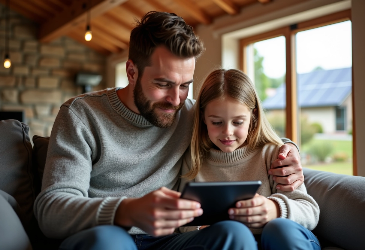 Pere et fille utilisant une tablette pour l énergie solaire