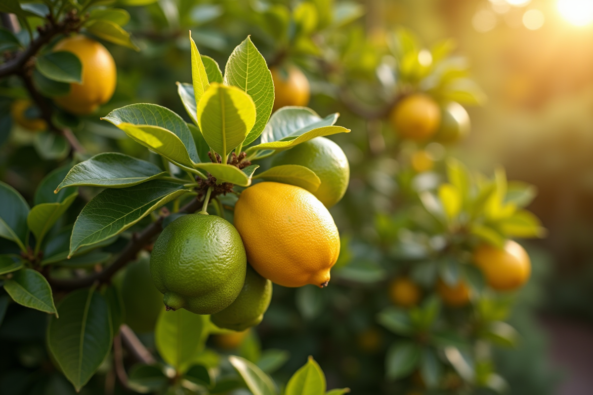 Petit arbre de citron avec feuilles jaunes et vertes en jardin