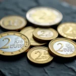 Pièces de 2 euros rares de différents pays européens posées sur ardoise sombre, détail macro des reliefs et inscriptions