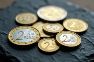 Pièces de 2 euros rares de différents pays européens posées sur ardoise sombre, détail macro des reliefs et inscriptions